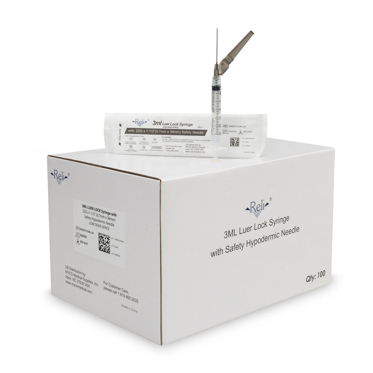 Myco Reli Safety Hypodermic Needle W/Attached Syringe - 3ML Syringe, 22G